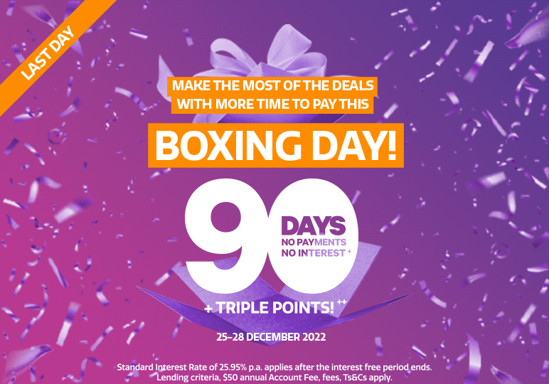 Make the most of the deals this Boxing day with 90 days to pay! Make the most of the deals this Boxing day with 90 days to pay!